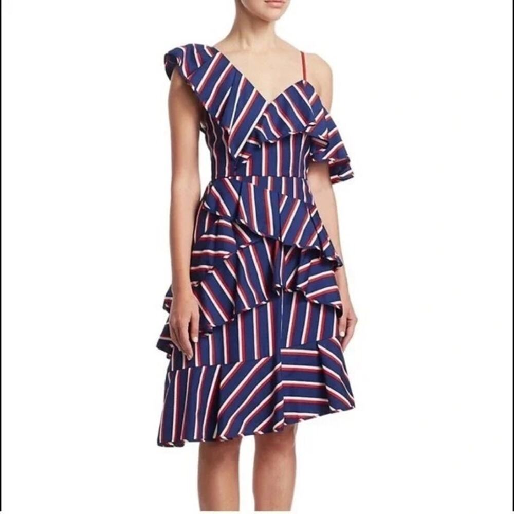 Alice + Olivia Red White Blue Stripe Asymmetrical Ruffle A-Line Cocktail Dress 2